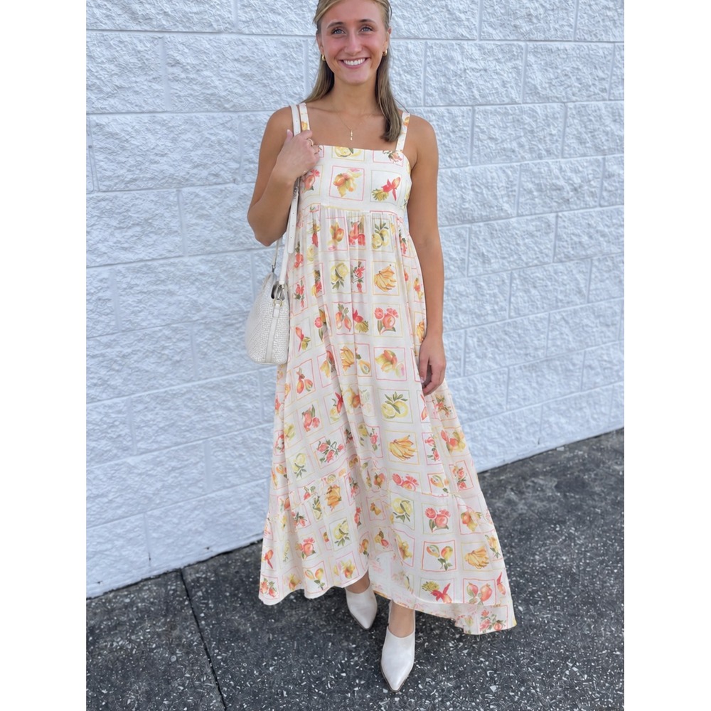 Paper Heart Maxi Dress Fruit Print White Empire Waist Smock Back Summer Resort